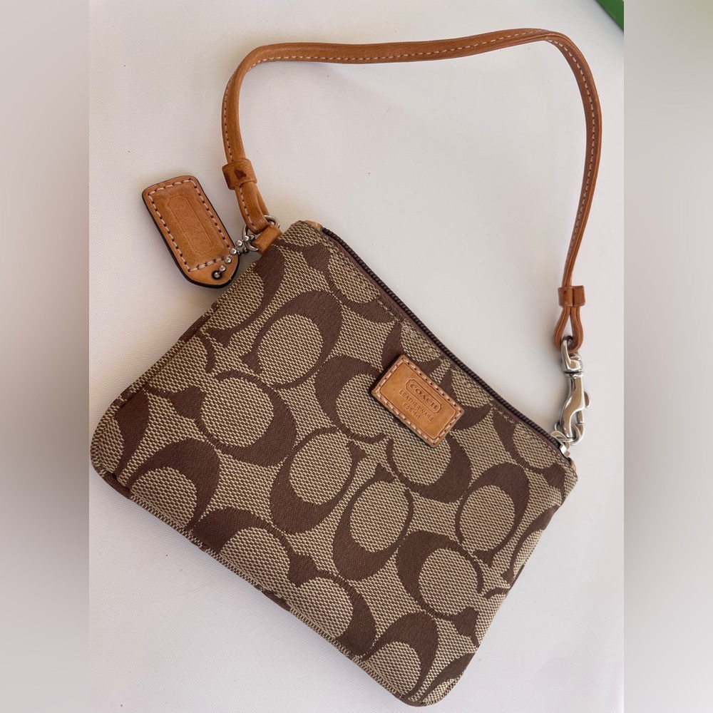 Coach Tan and Brown Signature Wristlet